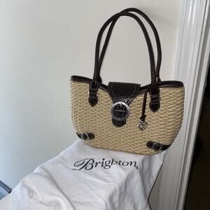 Brighton Hand Woven Straw Shoulder Bag With Dark Brown Trim Vintage Bag